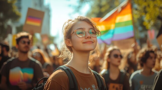 16. A peaceful protest with people of all ages and backgrounds holding signs advocating for equal rights, with banners flying in the breeze