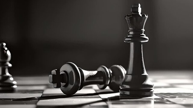 Chessboard with one piece fallen, symbolizing an surprise move or strategic victory, seamless loop animation