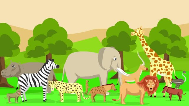 Animated video of various animals in the jungle on safari, art.