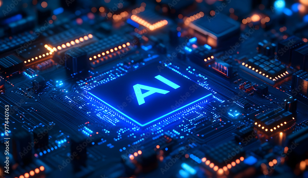 Poster close-up of a computer circuit board featuring a glowing ai chip, symbolizing advancements in techno
