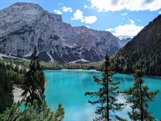 Blue lake in dolomites mountains