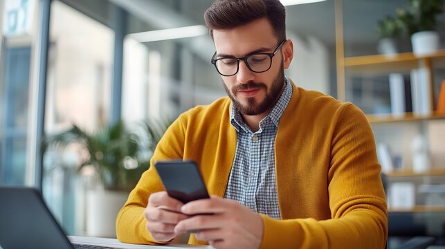Young Man in Yellow Sweater Using Smartphone in Office Setting - Powered by Adobe
