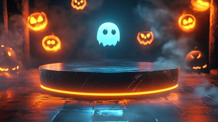 A spooky scene featuring a floating ghost and glowing pumpkins, creating a Halloween-themed atmosphere.