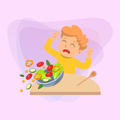 Naughty boy refusing healthy food. Cartoon vector illustration. Child sitting at table and rejecting eating vegetables. Food, health, diet, caprice concept for banner and web design