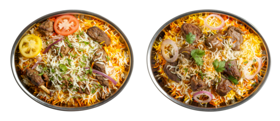 Set of mutton biryani beef biryani, flat lay top view, isolated on a transparent background