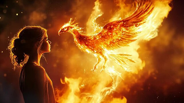 A young woman encounters a majestic phoenix amidst a fiery landscape at twilight