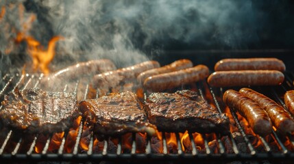 A dynamic shot of a sizzling barbecue grill with various meats, such as sausages, steaks, and ribs, cooking over an open flame, with smoke rising.