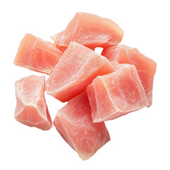 A pile of pink meat cubes