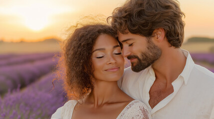 Fototapeta premium A cute couple sharing a romantic kiss in a vast lavender field, the man with a neatly groomed beard and the woman with beautiful curly hair, surrounded by the soft purple hues of t