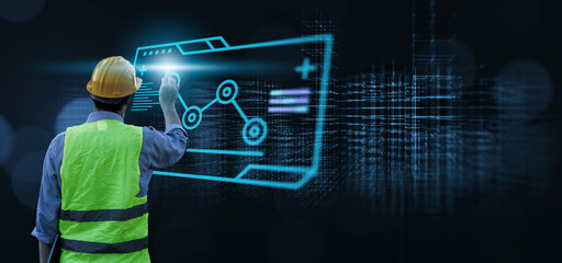 Engineer using computer laptop planning analyzing strategy using computer technology, technician factory industry worker, dark blue banner background, ui graphics display interface futuristic tech.