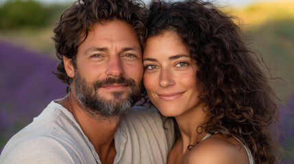 Fototapeta premium A bearded man and a curly-haired woman leaning in for a tender kiss, standing in the middle of a lavender field, the purple blossoms creating a dreamy and peaceful atmosphere aroun