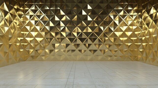 Gold wall background with triangular tiles. Three-dimensional rendering of luxury blocks.