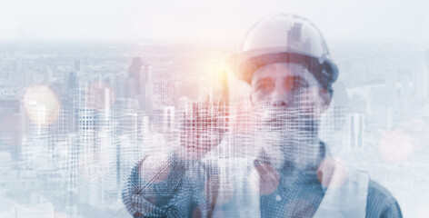 Engineering worker industry double exposure city future technology concept, construction building factory development planning innovation, contractor technician, architect, city background blue banner © Have a nice day 