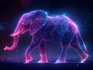 A vibrant, glowing elephant created from colorful particles, set against a cosmic background, embodying strength and beauty.