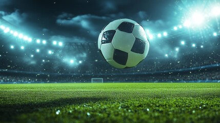 Fototapeta premium A dynamic shot of a soccer ball in mid-air, being kicked by a player on a green field with stadium lights and a cheering crowd in the background.
