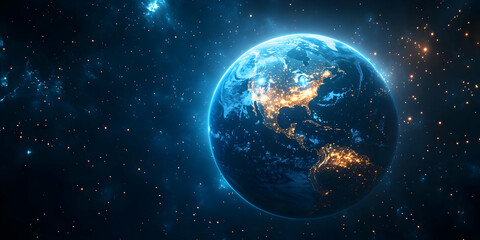 Obraz premium Stunning view of Earth from space, showcasing bright continents and vibrant oceans amidst a cosmic backdrop.
