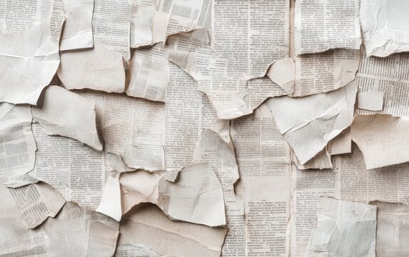 A collage of overlapping, torn newspaper clippings with aged, grunge textures, worn edges, and stains, set against a soft, vintage background