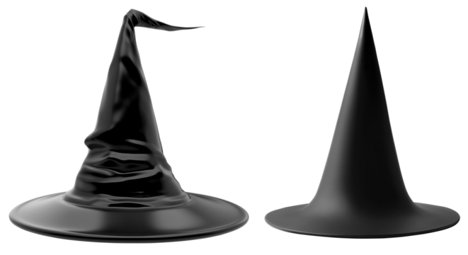 A set of black pointy hats, isolated against a transparent background