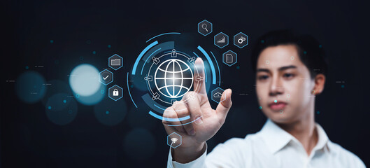 Businessman online internet sharing data transferring information with others, sharing files and documents to store data safety online information computer system ICT. graphics illustration banner.