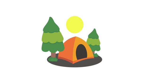 Cartoon-animated illustration of a cute camping tent, pine tree, and bright sun on a white background. background alpha channel. campground. looping animation