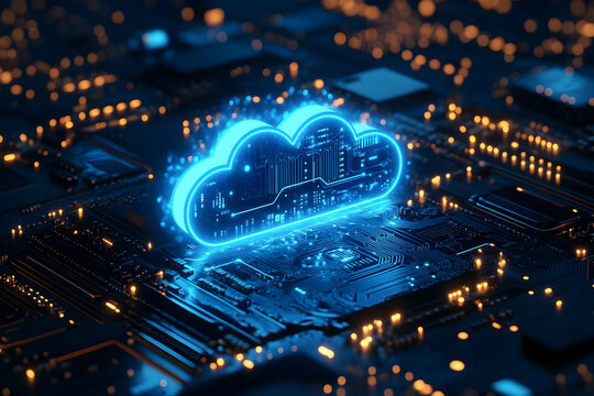Futuristic cloud computing concept with glowing blue cloud on a dark circuit board, symbolizing digital data storage and connectivity.