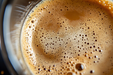 A close-up of coffee foam in cup, swirling patterns. The surface is creamy, speckled with tiny, golden bubbles