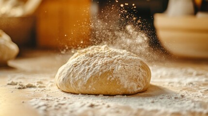 Fototapeta premium A dynamic shot of bread dough being kneaded on a floured countertop, with a focus on the texture and process of making fresh bread loaves from scratch