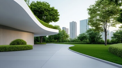 Naklejka premium Green urban park with sustainable architecture, depicting an eco-friendly economy through modern design and environmentally conscious planning. Natural landscapes and community spaces in city setting.