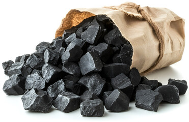 Obraz premium Spilled Black Coal Chunks from a Paper Bag on a White Background.