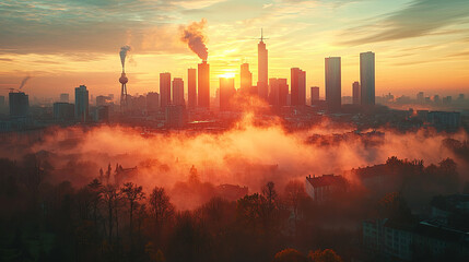 A visually eclectic city landscape at sunset features numerous buildings and chimneys releasing smoke into the sky, highlighting urban environmental issues and atmospheric pollution.
