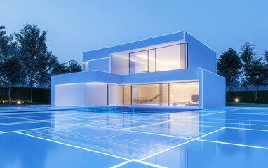 Fototapeta premium A digital showcase of a modern villa, with glowing pathways and detailed blueprint plans highlighted under the house, illustrating cutting-edge design