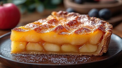 Traditional autumn apple pie. Sweet Thanksgiving dinner, fall seasonal cake with apples, cinnamon, nuts and caramel, with vanilla ice cream scoop ball, on wooden cosy background