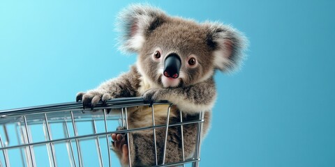 Cute Baby Koala Hanging on Shopping Cart Handle against Sky Blue Background