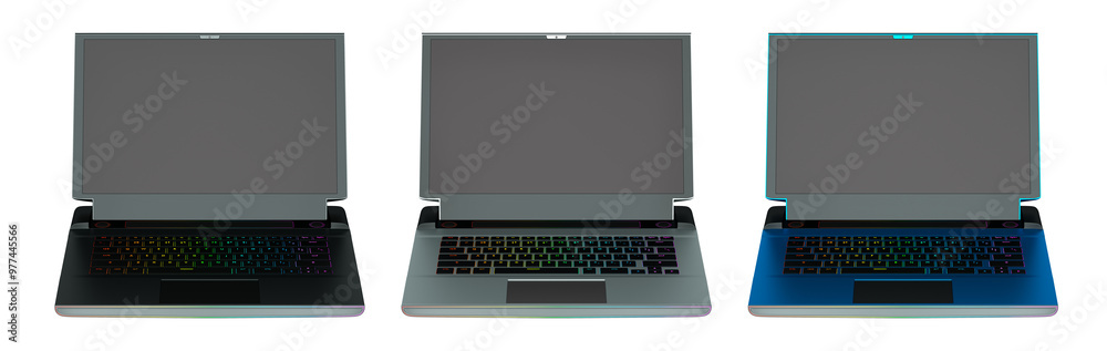 Poster set of modern laptops with rgb lights isolated on white background with clipping path. 3d render of 