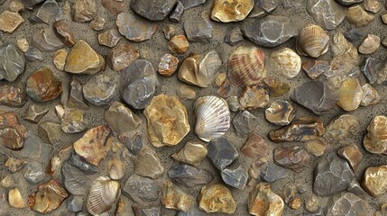 Colorful assortment of pebbles and seashells on a sandy beach during low tide