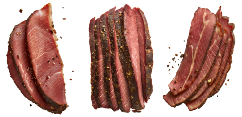 set of sliced corned beef and pastrami, flat lay, isolated against a transparent background