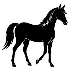 Stylized black horse silhouette walking gracefully against a white background copy space