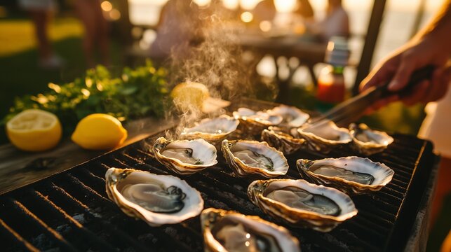 A grill-master cooks oysters at sunset, friends chat nearby, creating a vibrant summer atmosphere.