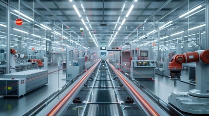 Obraz premium Advanced electric vehicle battery production line with robotic arms assembling lithium-ion cells. Futuristic factory interior featuring conveyor belts, technicians in clean room suits, high-tech machi