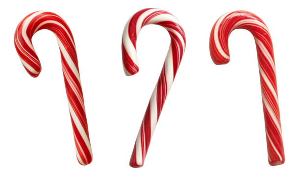 A set of christmas candy canes, flat lay, isolated on a transparent background