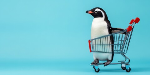 Obraz premium Playful Penguin Shopping - Cute penguin standing with shopping cart against light blue backdrop.