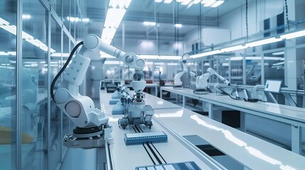 Advanced electric vehicle battery production line with robotic arms assembling lithium-ion cells. Futuristic factory interior featuring conveyor belts, technicians in clean room suits, high-tech machi