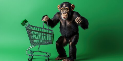 Fototapeta premium Curious Monkey with Shopping Cart on Green Background