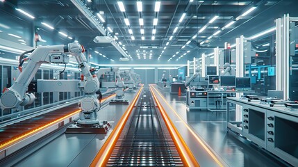 Fototapeta premium Advanced electric vehicle battery production line with robotic arms assembling lithium-ion cells. Futuristic factory interior featuring conveyor belts, technicians in clean room suits, high-tech machi