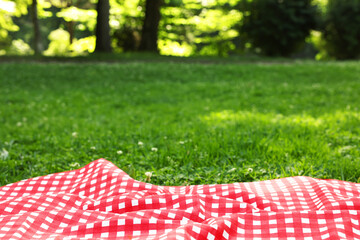 Checkered picnic tablecloth on green grass, closeup. Space for text