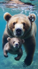 Fototapeta premium Mother Bear, swimming with her puppy in crystal clear water, loosening air bubbles, gond photo, wallpaper, cover and smartphone screen, pc, laptop, format 9:16 and 16: 9