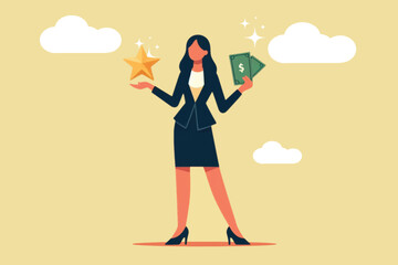 Illustration of a career woman standing holding stars and money, as a symbol of achieving business and financial success