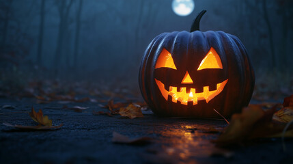 Obraz premium Halloween pumpkin with a spooky face in a dark autumn forest
