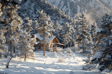 Cozy snow-covered cabin nestled in a serene winter forest landscape with sunlight filtering through trees, Ai Generation
