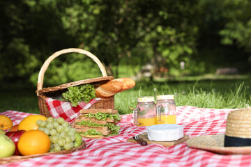 Picnic wicker basket with delicious food, drink and tableware on checkered blanket outdoors